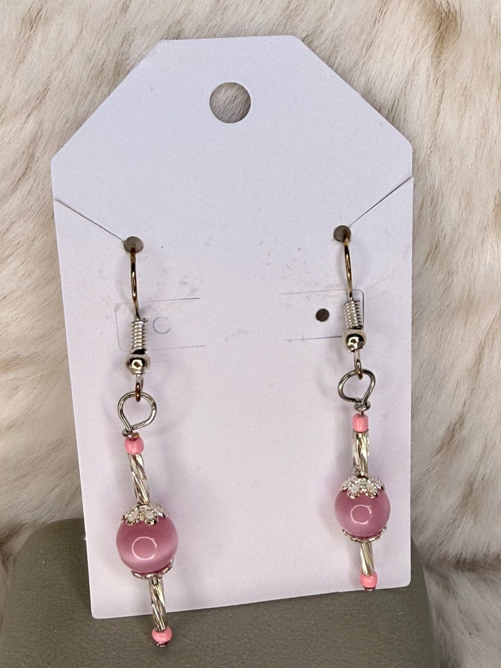 New Handmade Pink Stone Drop Earrings Silver Tone Hook Back 2” Drop